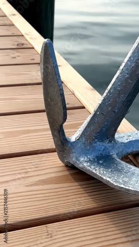 Anchor resting on a wooden dock near water during the day