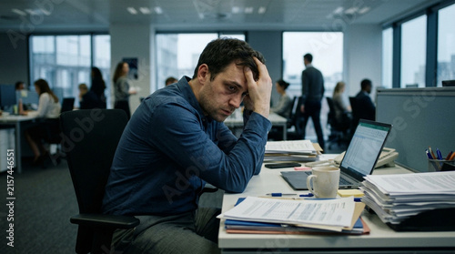 Stressed Businessman With Hand on Head Sitting at Office Desk, Overwhelmed by Work