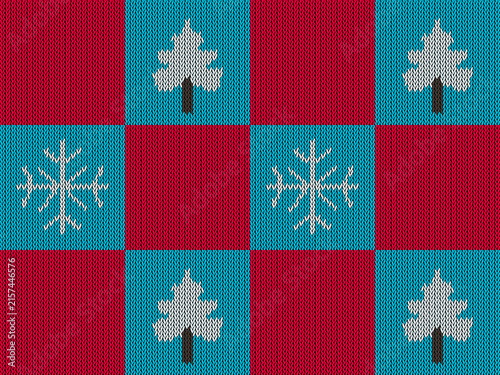 Seamless Knitted Checkerboard Pattern with Pine Tree and Snowflake Motifs in Red and Cyan Block Grid