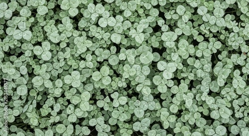 Overhead perspective of a lush clover bed with a silvery sheen and morning mist in a botanical garden