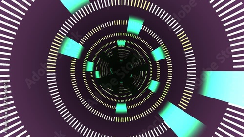 Glowing teal digital tunnel with rotating radial circles and light beams