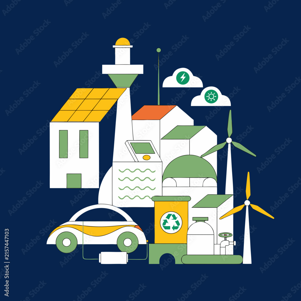 Fototapeta premium Renewable energy sources illustration, solar panels and wind turbines, electric car charging, recycling symbol, ecology concept, clean power infrastructure, flat vector design