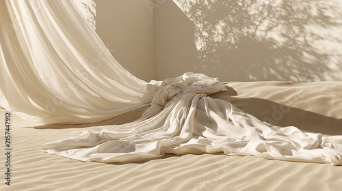 Delicate draped fabric on sandy dunes with dappled sunlight