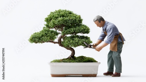 An elderly man carefully pruning a meticulously shaped bonsai tree. He wears an apron and holds gardening shears, focused on his craft