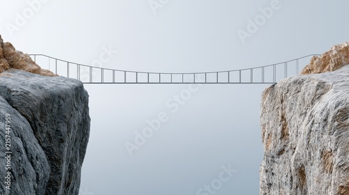 A rope bridge stretches between two rocky cliffs, connecting two vast expanses. The bridge is constructed from sturdy ropes and wooden planks, forming a stable pathway across the chasm.