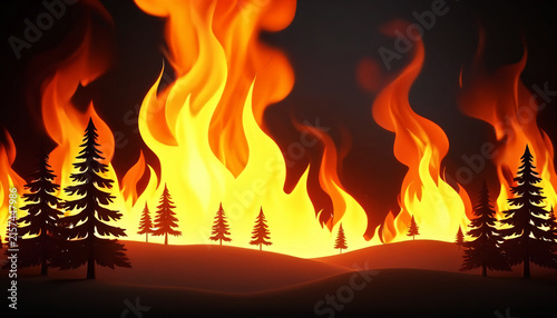 Fototapeta Large wildfire behind silhouetted forest trees