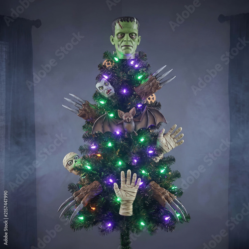 Spooky Halloween tree decorated with monster head and claw ornaments for holiday decor.