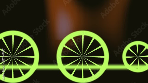 Green spinning bicycle wheels abstract animation on a dark background