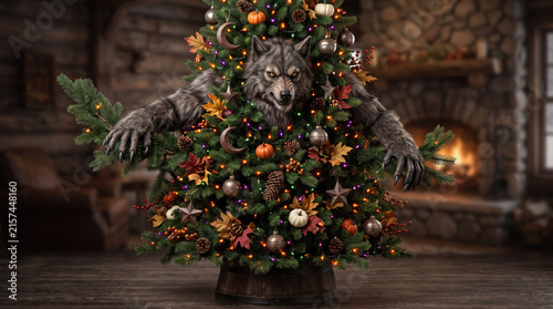 Werewolf emerging from a decorated Christmas tree in a cozy rustic cabin living room