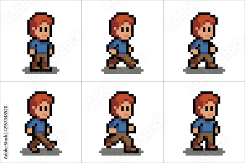 Classic pixel art sprite sheet showing a male character walking animation frames for game design