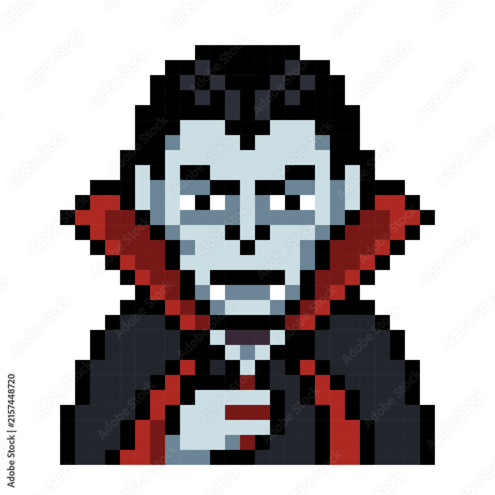Fototapeta premium Creepy retro pixel art vampire character wearing a black and red cape perfect for spooky Halloween designs