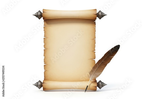 Ancient Parchment Scroll with Feather Quill Pen Isolated on White Background - Blank Template for History Design