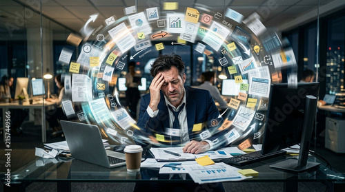 Stressed Businessman Overwhelmed by Work Data and Information Overload