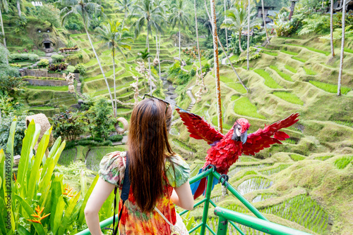 BALI, INDONESIA – OCTOBER 20, 2024: Female tourist posing at Tegallalang Rice Terraces lookout with a parrot installation at Alas Harum.