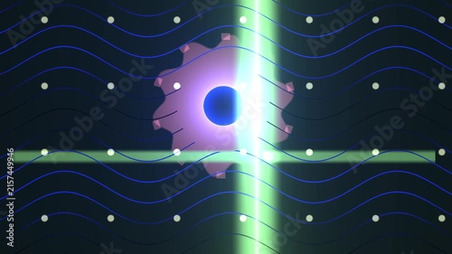 Abstract 3D Motion Background with Rotating Gear and Glowing Waves