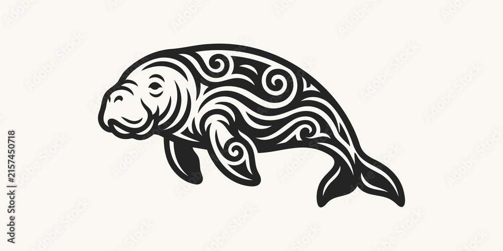 Fototapeta premium Tribal manatee vector illustration with decorative ethnic swirl patterns on white background