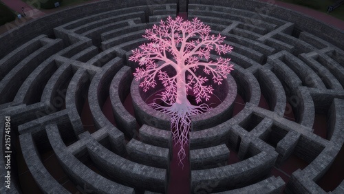 Artistic Maze with Illuminated Tree Symbolizing Growth and Journey