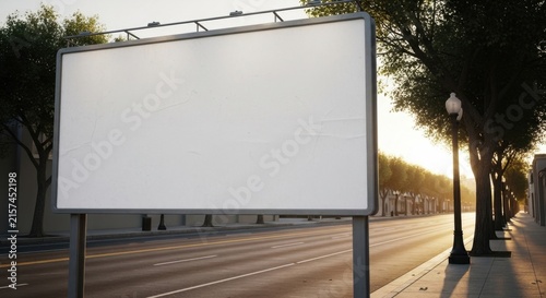 Empty billboard on a quiet city street at sunset.