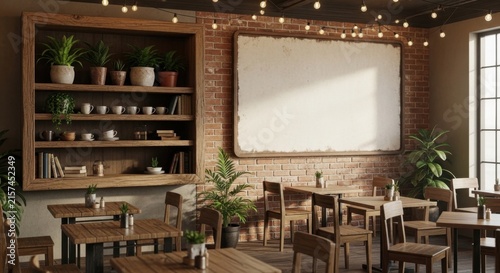 Cozy Rustic Restaurant Interior with Wooden Furniture and Brick Walls.
