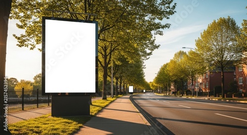 Empty Digital Billboard Along Tree Lined Urban Street.