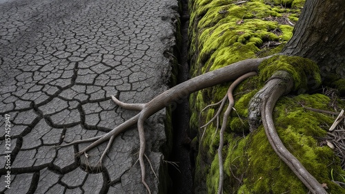 Cracked Earth and Lush Green Moss: Nature's Contrast in Arid Landscape