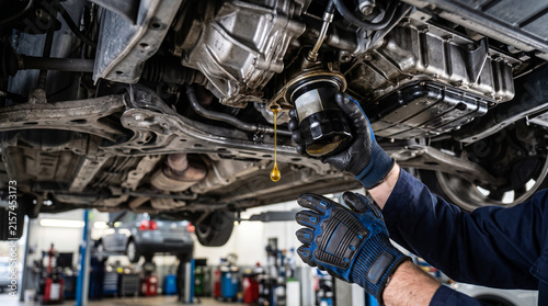 Professional auto mechanic replacing an engine oil filter during routine vehicle maintenance service in a garage.