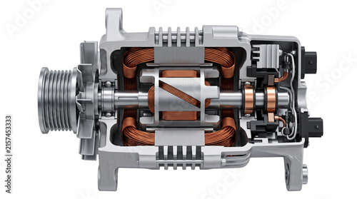 Detailed 3D cross-section of an automotive alternator featuring internal copper coils and mechanical components.