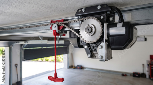 Close-up of a garage door opener with chain drive and red emergency release cord.