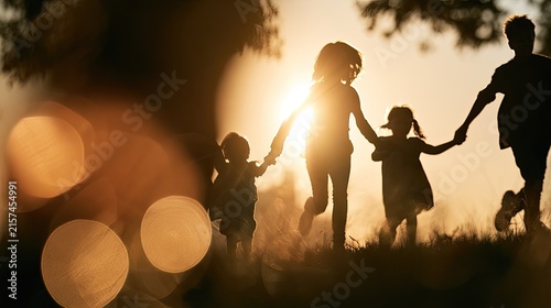 Silhouetted family holding hands, running through golden sunset light