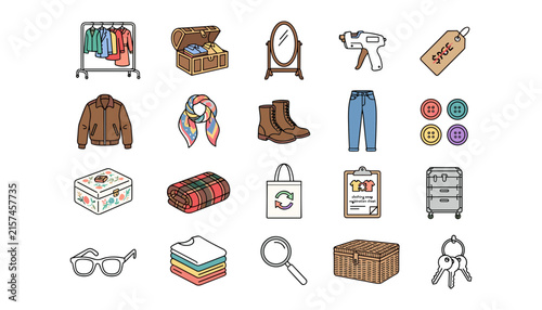 Thrift Store and Vintage Fashion Icon Set with Second Hand Clothes Shoes Accessories Price Tag and Rack Vector Illustration