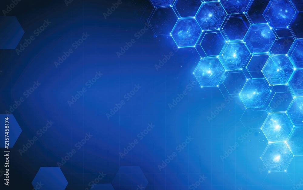Fototapeta premium Glowing blue hexagonal network overlays a dark blue cosmic background