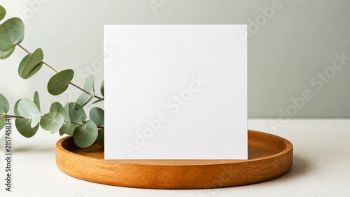 Blank square card mockup on wooden tray with eucalyptus and neutral background