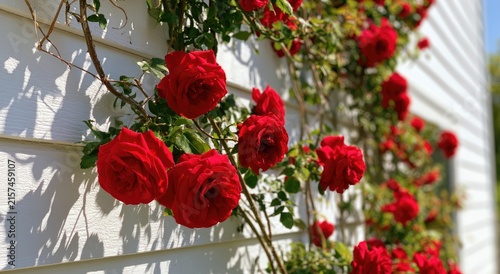 Vibrant red roses climb a white wall, casting shadows in sunlight