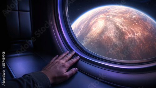 80s inspired planetary scenery viewed from spacecraft window with hand resting nearby, evoking wonder and nostalgia