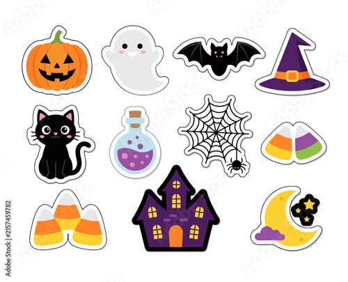 Cuadro en lienzo Set of cute halloween stickers with pumpkin ghost bat witch hat black cat magic potion spider web candy corn house moon