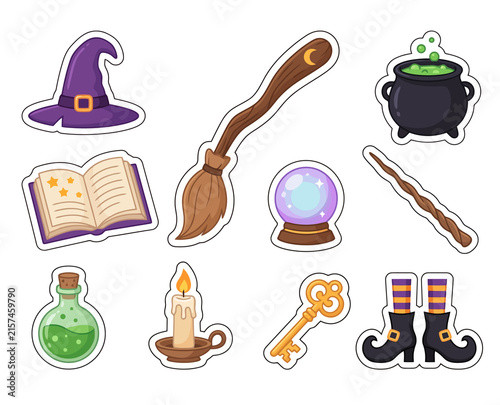 Fotografie Magical witch equipment sticker set including hat broom potion cauldron spellbook wand candle key striped socks icons