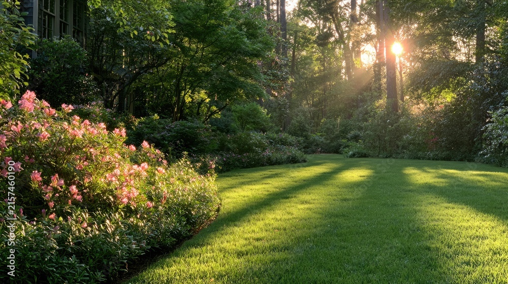 Obraz premium Serene garden bathed in golden sunlight, with a lush lawn and blooming pink azaleas