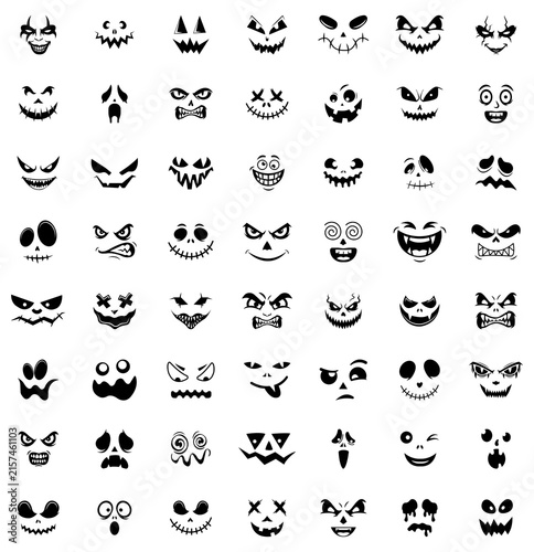 set of halloween pumpkin faces with scary expressions on transparent background