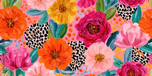 Vibrant pink backdrop with bold, painterly floral blooms and abstract animal print