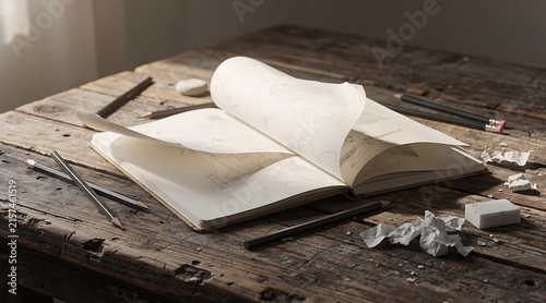 Artistic Open Sketchbook with Pencil Drawings and Erasers on Rustic Weathered Wooden Table Workspace