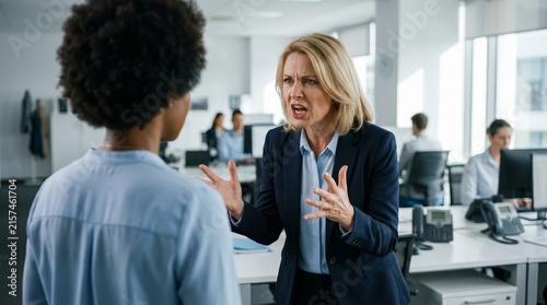 Workplace discrimination and racism shown as a Caucasian female boss shouts at a Black employee in an office.