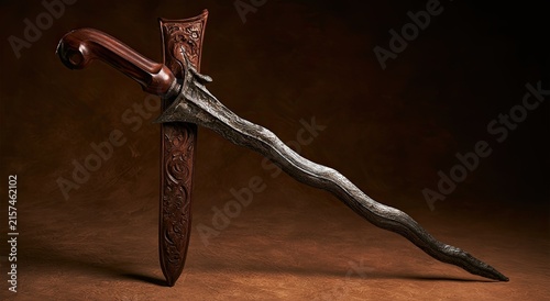 Ornate, wavy-bladed dagger with carved wooden sheath against a textured backdrop