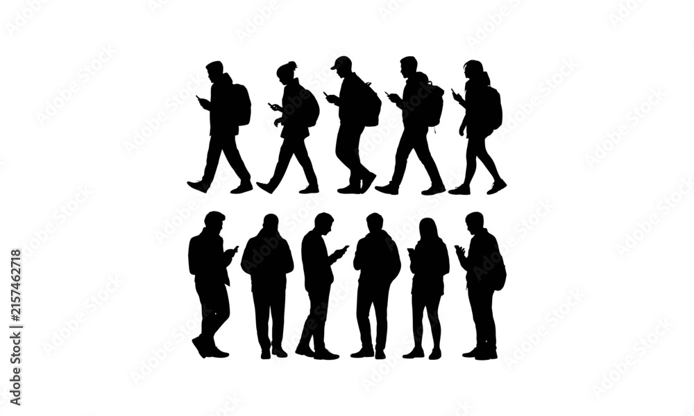 Obraz premium Black silhouette of eight people walking in two rows, flat style silhouettes white