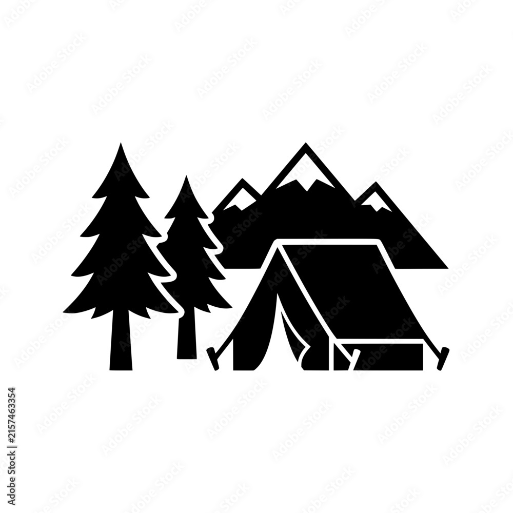 Obraz premium Camping Tent and Trees Icon Vector Illustration, Outdoor Adventure and Nature Travel Symbol. Minimalist Black Silhouette