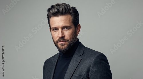 Handsome man with modern haircut and groomed beard wearing suit