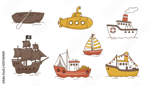 Bild auf Leinwand Vector illustration set of various water transportation including pirate ship su