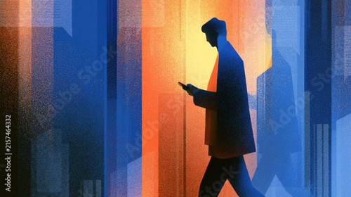 Lone figure walks through city illuminated by warm and cool light