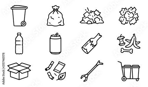 Waste disposal garbage litter and trash black white vector icon collection