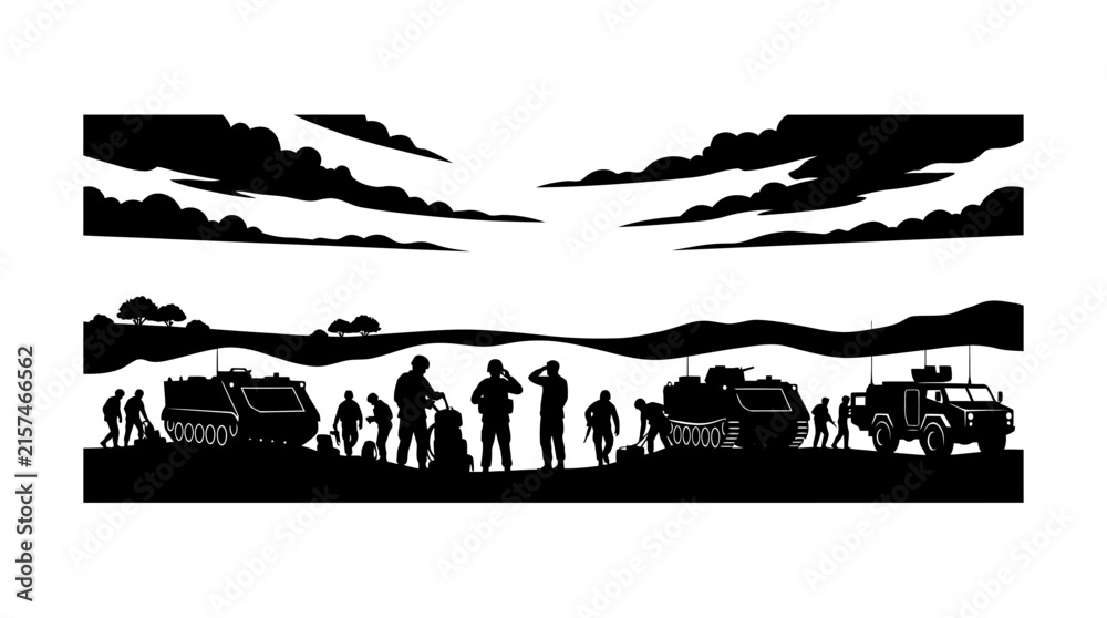 Fototapeta premium Military Soldiers and Armored Vehicles Silhouette Illustration