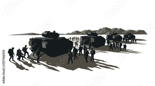 Фотография Military Soldiers Disembarking Armored Vehicles Illustration